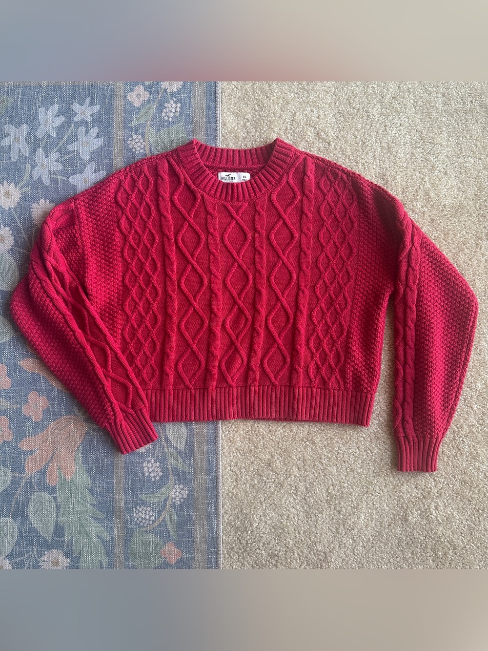 Hollister Bright Red Cable-Knit Crew Sweater